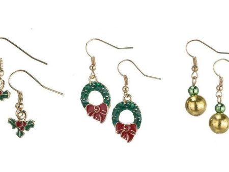 Holly, Wreaths, and Gold Balls Assortment Earrings For Cheap